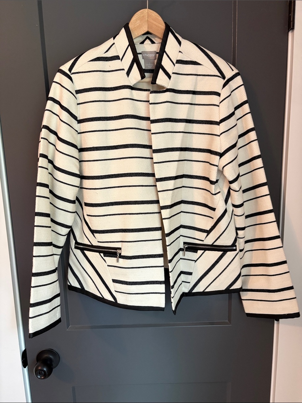 Chico's Black & Ivory Striped Knit Blazer